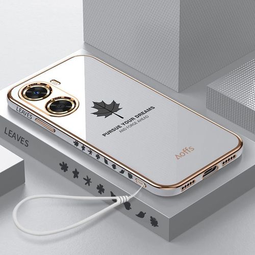 Etui Coque Pour Huawei P40 Pro Enjoy Straight Edge Electroplated Maple Leaf All-Inclusive Anti-Fall Soft Silicone Mobile Phone Case, [Blanc lgant] Maple Leaf + Lanyard