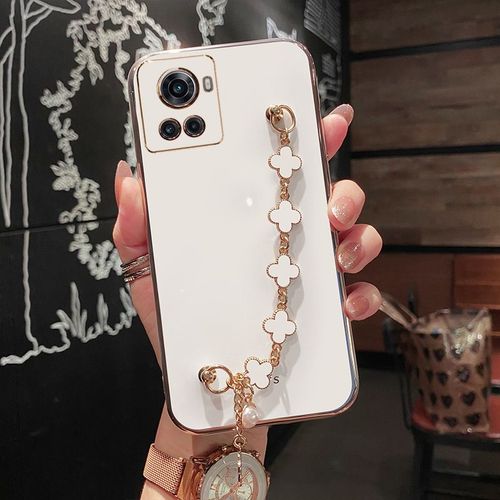 Etui Coque Pour Oneplus Ace/Oneplus 10r Oneplus Wristband Bracelet All Inclusive Shockproof Silicone Soft Phone Case, [Blanc lgant] *Avec Bracelet Lucky Clover