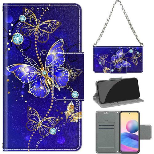 Etui Coque Pour Xiaomi Redmi Note 10 5g,Protection Etui Housse Premium En Cuir Pu,Fermeture Magnetique, Ultra Mince Portefeuille Fermeture Rabat Flip Case Clapet Folio Etui, Chaine Lanyard