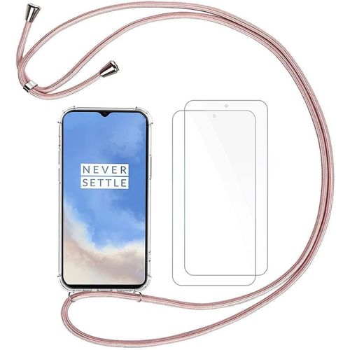 tui De Tlphone Avec Cordon Rglable Pour Oneplus 7t - Coque Transparente Anti-Jaune En Verre Tremp Et Silicone Tpu, Sangle Dtachable Et Ouissances Prcises - Rose