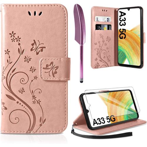 tui En Cuir Compatible Avec Samsung Galaxy A33 5g Etui Avec Film De Protection, tui Portefeuille  Rabat En Cuir Pu Avec Emplacements Pour Cartes, tui De Protection Compatible Avec Samsung Galaxy A33 5g Or Rose