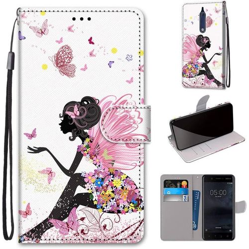 Etui En Pu 360 Protection Full Cuir Pour Nokia 5 5.2-Pouces Coque Flip Case Housse  Rabat Portefeuille tui Et Silicone Interne Cover Anti Choc Poche Motif Ange Fleur Protection Bumper