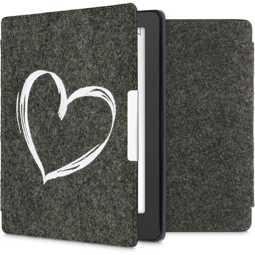 tui Liseuse Compatible Avec Kobo Aura H2o Edition 2 - Housse  Rabat Magntique En Feutre Pour Ebook - C?ur Peint Blanc-Gris Fonc[Kin6250792]