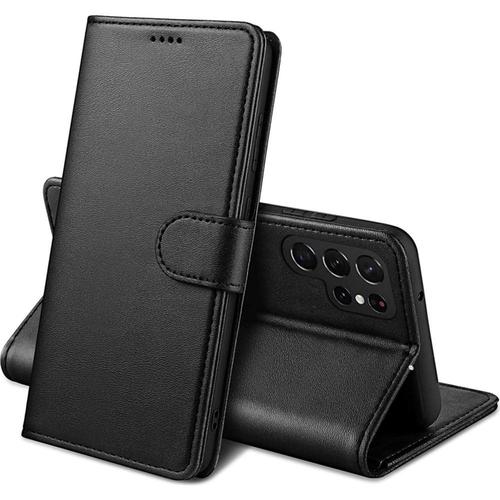 Coque Pour Samsung S22 Ultra 5g - Portefeuille Noir Rabat Clapet Aimant Rangement Cartes Phonillico