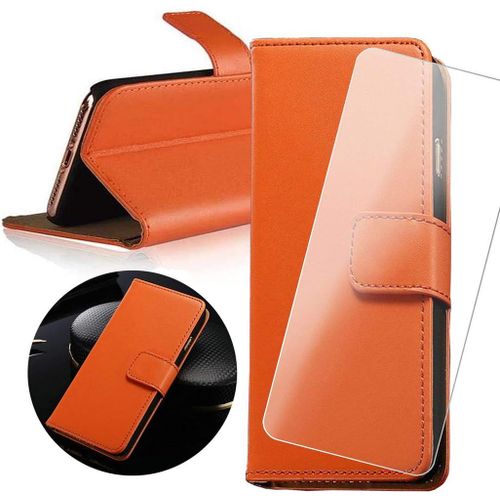tui Portefeuille En Cuir Pu Anti-Choc Avec Verre Tremp 9h Pour Xiaomi Redmi Note 9 Pro - Multifonction 3 Emplacements, Support Intgr, Orange Uni