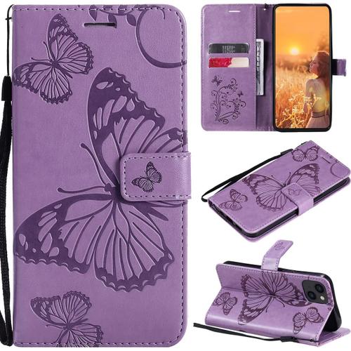 tui Pour Apple Iphone 14 6 1 Pouces Pu Cuir Couverture Magntique Housse Conception En Relief De Papillon Stent Fonction Flip Cuir Violet