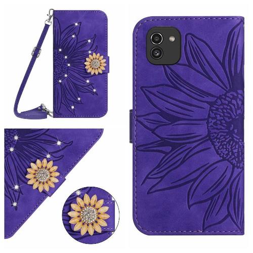 tui Pour Coque De Tlphone Samsung Galaxy A03 Tournesol Portefeuille En Cuir Bicelle De Protection Avec Une Longue Lanire Avec Support De Fente Pour Carte - Violet Fonc