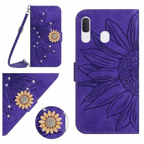 tui Pour Coque De Tlphone Samsung Galaxy A40 Avec Support De Fente Pour Carte Avec Une Longue Lanire Bicelle De Protection Tournesol Portefeuille En Cuir - Violet Fonc