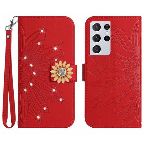 tui Pour Coque De Tlphone Samsung Galaxy S21 Ultra Coque En Tpu Antichoc Titulaire De La Carte Carte De Crdit Portefeuille Flip Couverture En Cuir Pu - Rouge