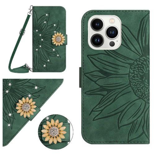 tui Pour De Tlphone Pour Iphone 15 Pro Max Avec Support De Fente Pour Carte Avec Une Longue Lanire Tournesol Bicelle De Protection Portefeuille En Cuir - Vert