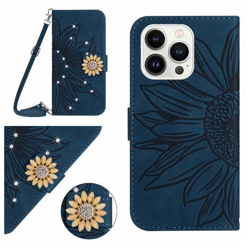 tui Pour De Tlphone Pour Iphone 15 Pro Max Bicelle De Protection Avec Support De Fente Pour Carte Tournesol Avec Une Longue Lanire Portefeuille En Cuir - Vert Fonc