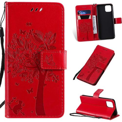 tui Pour Google Pixel 4 5 7 Pouces Pu Cuir Couverture Magntique Housse Motif De Chat Et D'arbre Stent Fonction Coque Flip Rouge