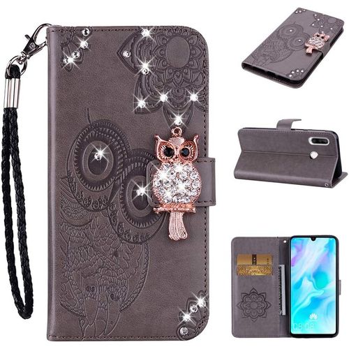 tui Pour Huawei Y6p 6 3 Pouces Pu Magntique Pochette Cuir Housse Chouette Strass Gaufrage Design Stent Fonction Couvercle Rabattable Gris