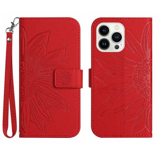 tui Pour Iphone 15 Pro Max Avec Porte-Fentes Pour Cartes Cuir Pu De Luxe Sangle Courte Tournesol Gaufr tui De Tlphone Portefeuille  Rabat - Rouge