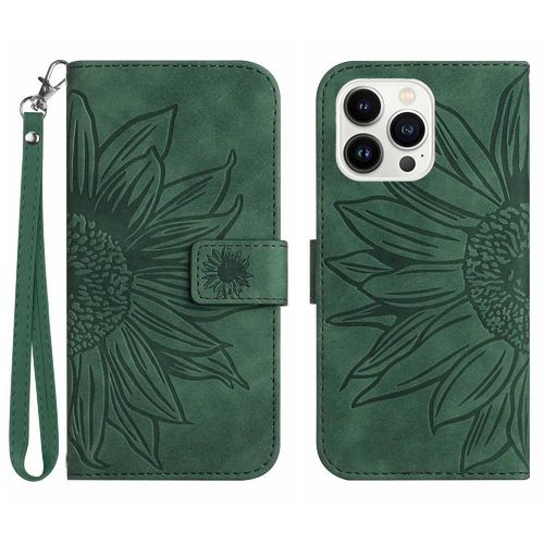 tui Pour Iphone 15 Pro Max Avec Porte-Fentes Pour Cartes Cuir Pu De Luxe Sangle Courte Tournesol Gaufr tui De Tlphone Portefeuille  Rabat - Vert