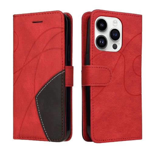 tui Pour Iphone 15 Pro Max Avec Support De Fente Pour Carte Bicelle De Protection Couture  Deux Couleurs Coque Flip Folio En Cuir Pu - Rouge