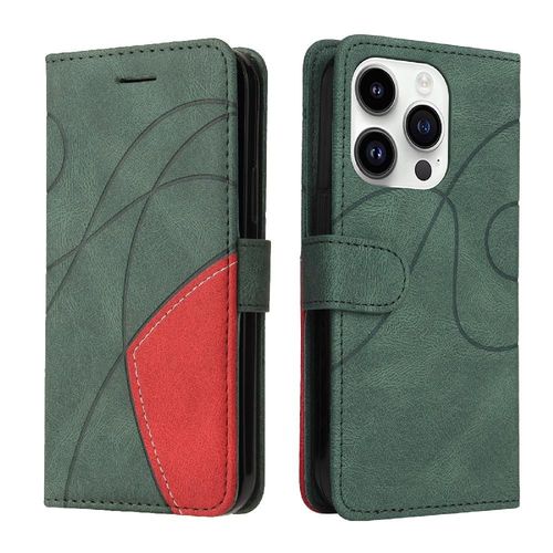 tui Pour Iphone 15 Pro Max Avec Support De Fente Pour Carte Couture  Deux Couleurs Coque Flip Folio En Cuir Pu Bicelle De Protection - Vert