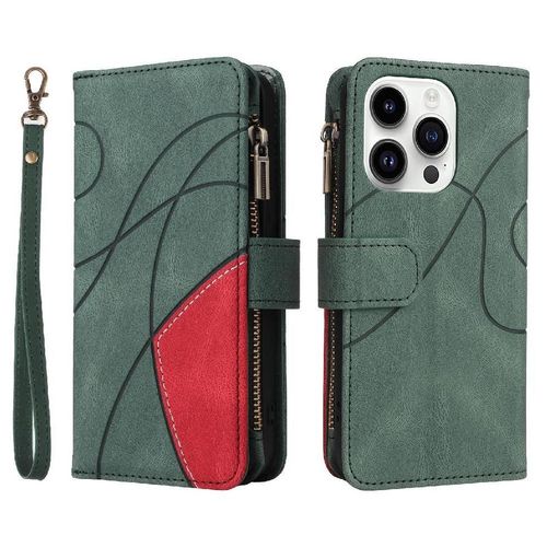tui Pour Iphone 15 Pro Max Bquille De Protection Style De Portefeuille  Glissire Couture Bicolore Neuf Fentes Pour Cartes Avec Le Support De Fente De Carte - Vert
