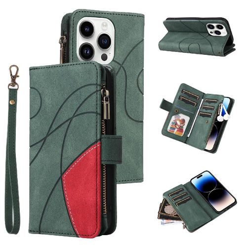 tui Pour Iphone 15 Pro Max Couture  Deux Couleurs Portefeuille  Fermeture clair Style Neuf Fentes Pour Cartes Avec Support De Fente Pour Carte Bicelle De Protection - Vert