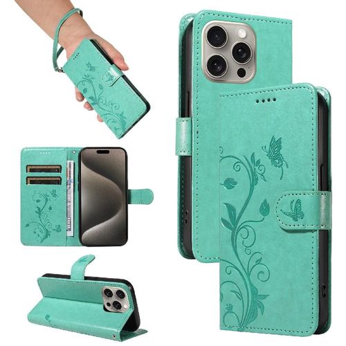 tui Pour Iphone 15 Pro Max Cuir De Haute Qualit Et Fente Pour Carte Avec Sangle De Main tui De Tlphone Portefeuille Papillon En Relief - Vert