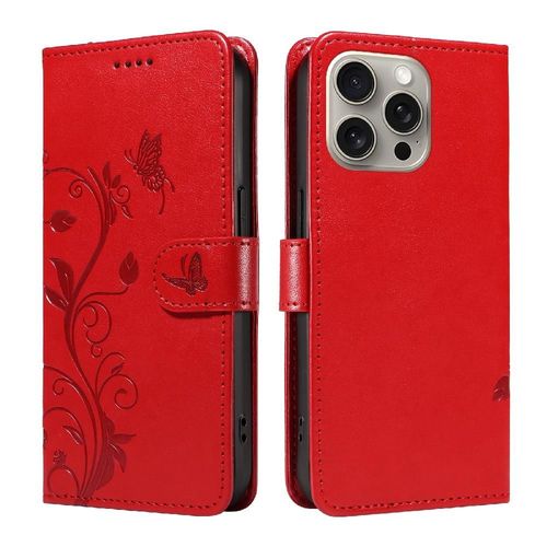 tui Pour Iphone 15 Pro Max Et Fente Pour Carte Avec Sangle De Main Papillon En Relief tui De Tlphone Portefeuille Cuir De Haute Qualit - Rouge