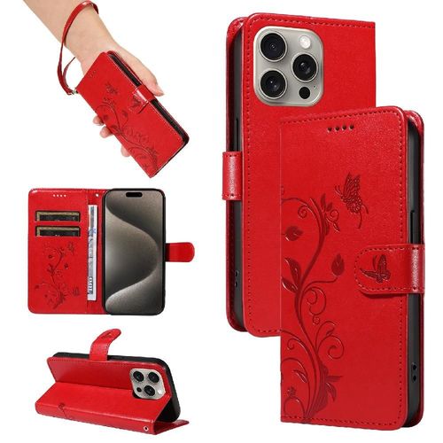 tui Pour Iphone 15 Pro Max Papillon En Relief Cuir De Haute Qualit Et Fente Pour Carte tui De Tlphone Portefeuille Avec Sangle De Main - Rouge