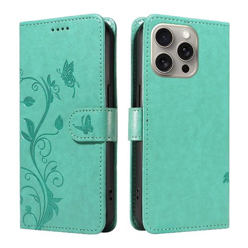 tui Pour Iphone 15 Pro Max Papillon En Relief tui De Tlphone Portefeuille Et Fente Pour Carte Avec Sangle De Main Cuir De Haute Qualit - Vert