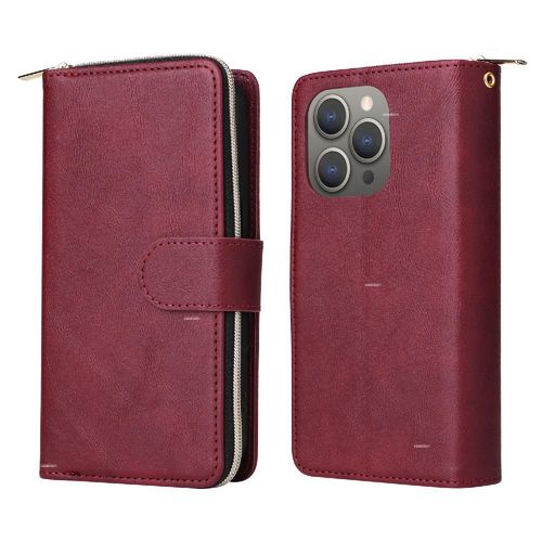 tui Pour Iphone 15 Pro Max Poche  Glissire Couverture Rabotant Avec Sangle De Main tui Portefeuille Avec 9 Fentes Pour Cartes Titulaire De La Carte - Rouge