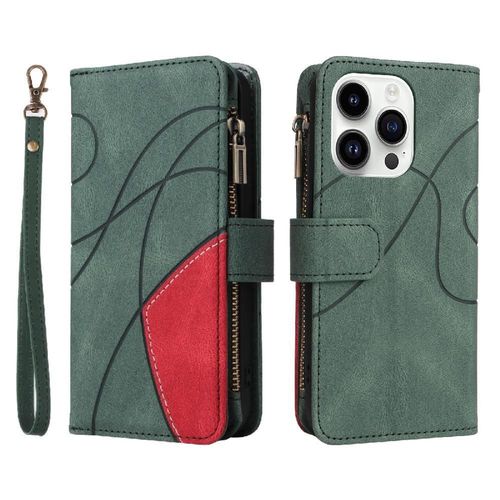 tui Pour Iphone 15 Pro Max Style De Portefeuille  Glissire Neuf Fentes Pour Cartes Bquille De Protection Avec Le Support De Fente De Carte Couture Bicolore - Vert