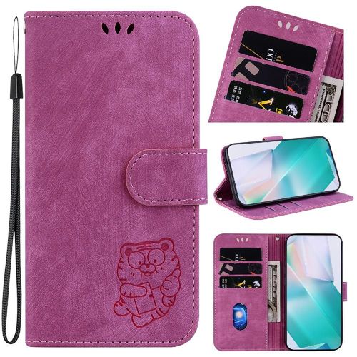 tui Pour Iphone 15 Pro Max Tigre Mignon En Relief Housse De Support Flip Folio Carte De Poche tui Portefeuille - Rouge