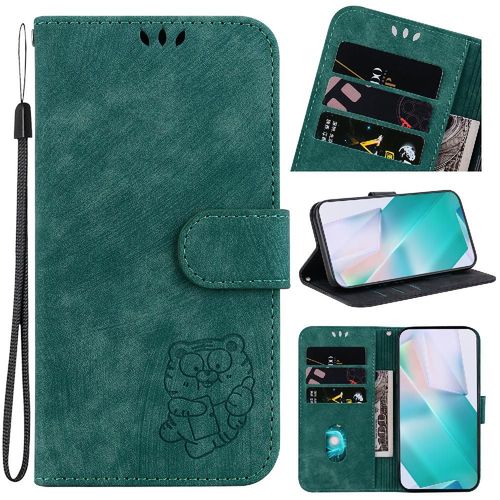 tui Pour Iphone 15 Pro Max Tigre Mignon En Relief Housse De Support Flip Folio Carte De Poche tui Portefeuille - Vert