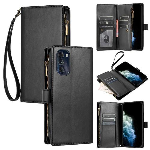 tui Pour Motorola Moto G 5g 2022 Fentes Pour Cartes Folio Flip Cuir Pu Portefeuille Fermeture clair Housse De Sac  Main - Noir