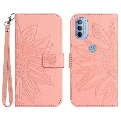 tui Pour Motorola Moto G31/G41 Cuir Pu De Luxe Tournesol Gaufr tui De Tlphone Portefeuille  Rabat Avec Porte-Fentes Pour Cartes Sangle Courte - Couleur Rose