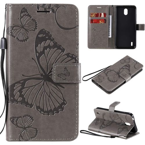 tui Pour Nokia 1.3 5 71 Pouces Pu Cuir Couverture Magntique Housse Conception En Relief De Papillon Stent Fonction Flip Cuir Gris