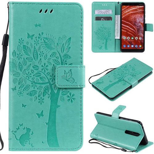 tui Pour Nokia 3.1 Plus 6,0 Pouces Pu Cuir Couverture Magntique Housse Motif De Chat Et D'arbre Stent Fonction Coque Flip tui Pour Nokia 3.1 + Vert