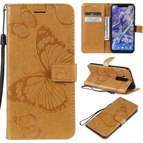 tui Pour Nokia 8.1 6,18 Pouces Pu Cuir Couverture Magntique Housse Conception En Relief De Papillon Stent Fonction Flip Cuir Pour Nokia 8.1 Jaune