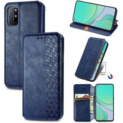 tui Pour Oneplus 8t, Cubes En Cuir Pu  Rabat Magntique Intgr Avec Support Et Fentes Pour Cartes Pour Oneplus 8t Bleu