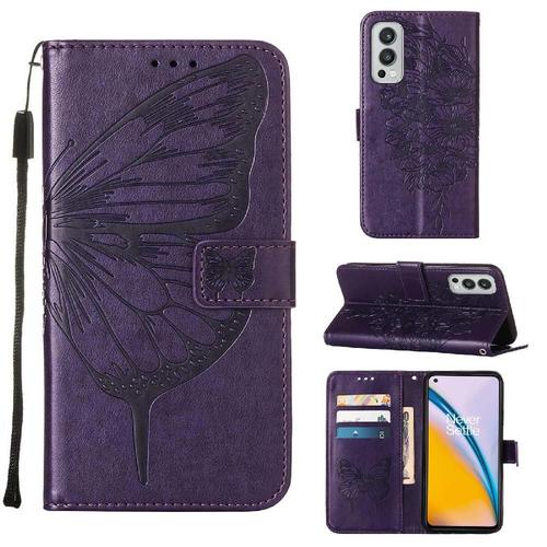 tui Pour Oneplus Nord 2 5g Magntique Cuir Premium Couverture Rabotant Gaufrage Papillon - Violet Fonc