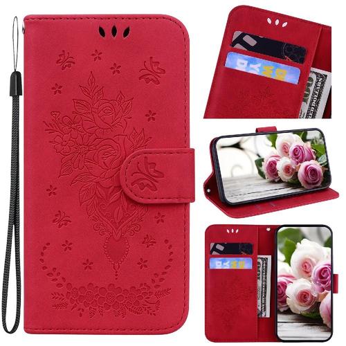 tui Pour Oppo A18/A38 tui Portefeuille Fleurs Roses Emboss Fentes Pour Cartes Flip Couverture En Cuir Pu Bicelle - Rouge