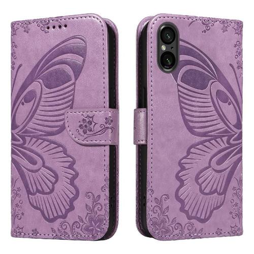 tui Pour Rabattu Sony Xperia 5 V Cuir De Haute Qualit Avec Fente Pour Carte De Crdit Papillon En Relief Sangle De Main Dtachable - Violet