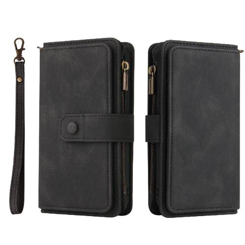 tui Pour Realme 12 Plus Poket  Fermeture clair Quinze Fentes Pour Cartes Fermeture Magntique En Cuir Pu Avec Support De Fente Pour Carte - Noir