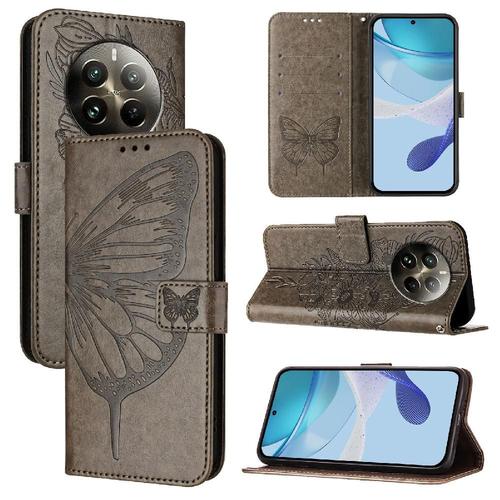 tui Pour Realme 12 Pro 5g Gaufrage Papillon Magntique Couverture Rabotant Cuir Premium - Gris