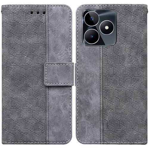 tui Pour Realme C53 Flip Folio Cuir Pu Premium Gomtrique En Relief Portefeuille Couverture Caractristique De Bcote - Gris