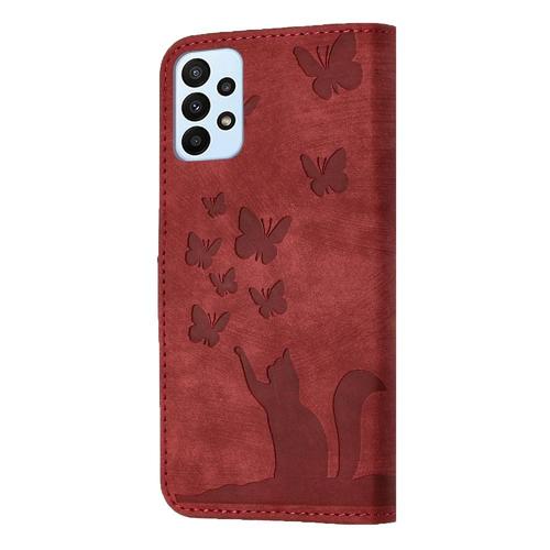 tui Pour Samsung Galaxy A23 4g/5g Chat Papillon Gaufr Flip Folio Housse De Support Carte De Poche tui Portefeuille - Rouge