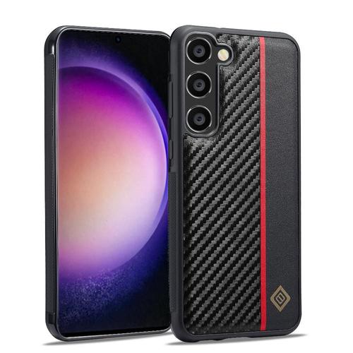 tui Pour Samsung Galaxy A35 5g Avec Des Rayures Verticales Rouges Logo En Mtal Aluminium Fibre De Carbone Pu piss Avec Pu  Grain Fin Doublure En Microfibre  L'intrieur - Noir