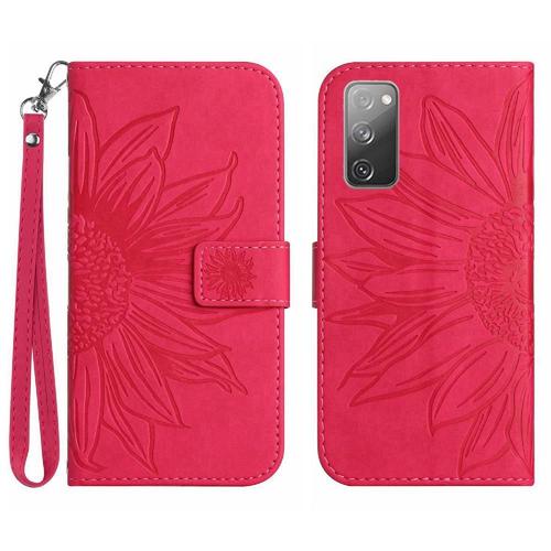 tui Pour Samsung Galaxy S20 Fe Avec Porte-Fentes Pour Cartes Tournesol Gaufr Cuir Pu De Luxe Sangle Courte tui De Tlphone Portefeuille  Rabat - Rose Rouge