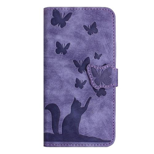 tui Pour Samsung Galaxy S24 Carte De Poche Chat Papillon Gaufr tui Portefeuille Housse De Support Flip Folio - Violet