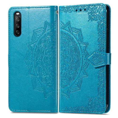 tui Pour Sony Xperia 10 Iii Simple Entreprise Antichoc tui En Cuir Motif Exquis Couverture Rabotant - Bleu