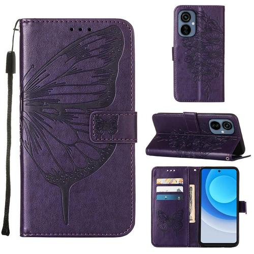 tui Pour Tecno Camon 19 Neo Cuir Premium Gaufrage Papillon Couverture Rabotant Magntique - Violet Fonc