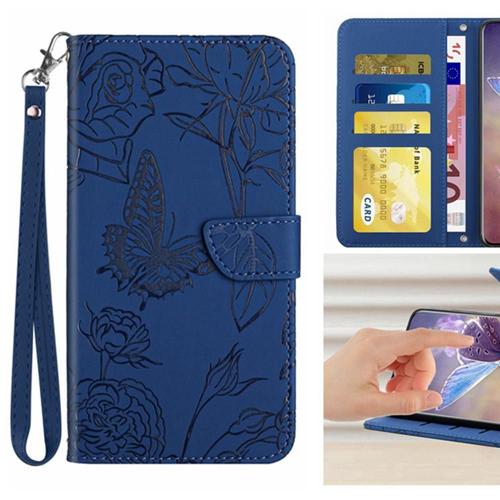 tui Pour Vivo Y72 5g Couverture En Cuir Pu Protection Anti-Chute tui En Cuir Antichoc Fleurs Et Papillons Avec Sangle De Poignet - Bleu